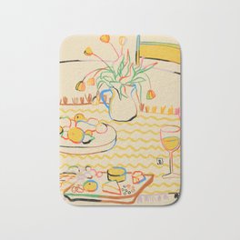 YELLOW TULIPS, WINE AND CHEESE Bath Mat | Fruit, Pattern, Vase, Romantic, Wine, Cheese, Flowers, Colourful, Stilllife, Dolcevita 