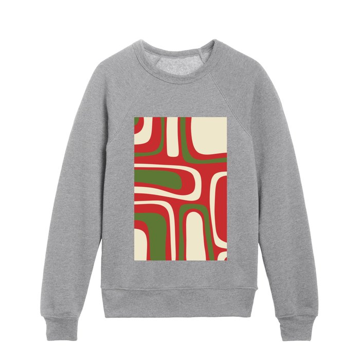 Palm Springs Mid Century Modern Abstract Pattern in Retro Christmas Red, Olive Green, and Cream Kids Crewneck