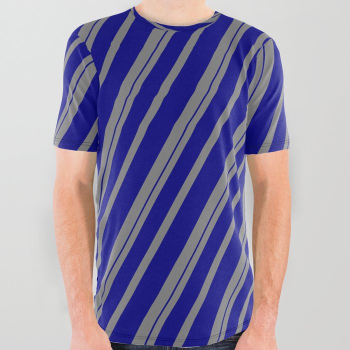Gray and Blue Colored Striped/Lined Pattern All Over Graphic Tee