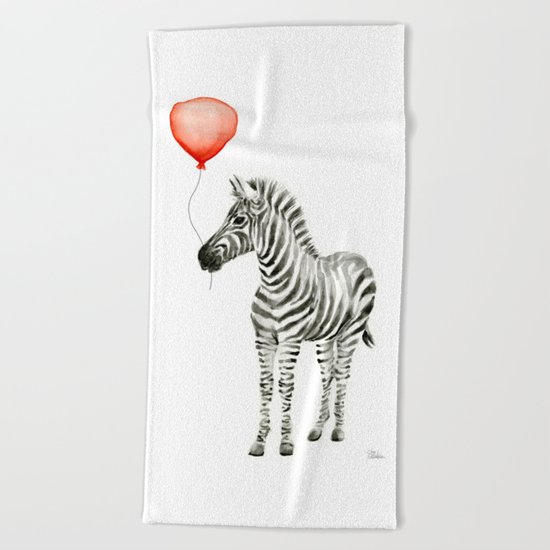 Baby Zebra Whimsical Animal with Red Balloon Nursery Art Beach Towel