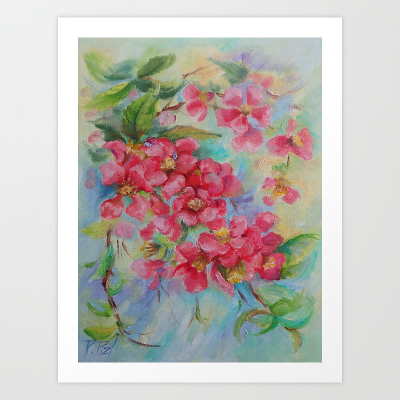 Quince Blossom Red Flowers Floral Nature Painting Impressionistic