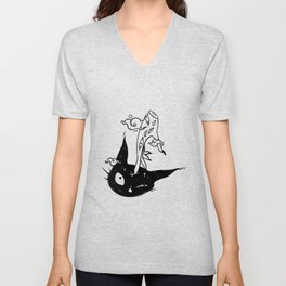 Cute Black Cat Head And Witch Hand V Neck T Shirt