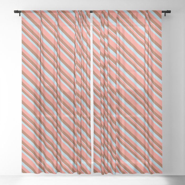Salmon, Sienna & Light Blue Colored Striped/Lined Pattern Sheer Curtain