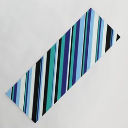 [ Thumbnail: Colorful Light Sea Green, Midnight Blue, Light Sky Blue, Mint Cream & Black Colored Stripes Pattern Yoga Mat ]