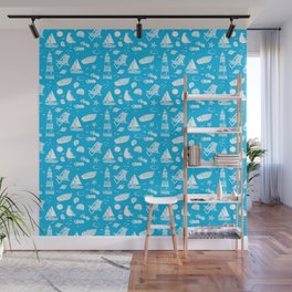 Turquoise And White Summer Beach Elements Pattern Wall Mural