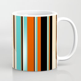 [ Thumbnail: Red, Black, Tan & Turquoise Colored Lined/Striped Pattern Coffee Mug ]