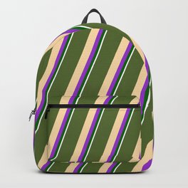 [ Thumbnail: Dark Olive Green, Tan, Dark Orchid, Dark Green, and White Colored Striped/Lined Pattern Backpack ]