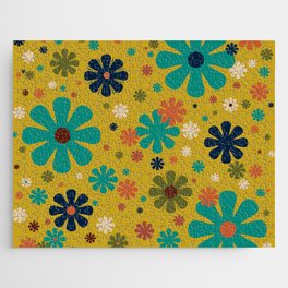 Flowerama - Retro Floral Pattern in Mid Mod Turquoise Teal, Khaki Green, Orange, Beige, and Mustard Jigsaw Puzzle