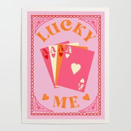 Lucky Me, Playing Cards Print Poster | Red, Pop, Pop Art, Cream, Typography, Cute, Aceofhearts, Orange, Western, Modern 