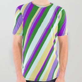 [ Thumbnail: Vibrant Tan, Purple, Dark Violet, Forest Green & Light Cyan Colored Stripes Pattern All Over Graphic Tee ]