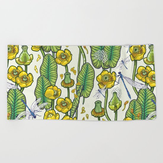 yellow water lilies and dragonflies Beach Towel
