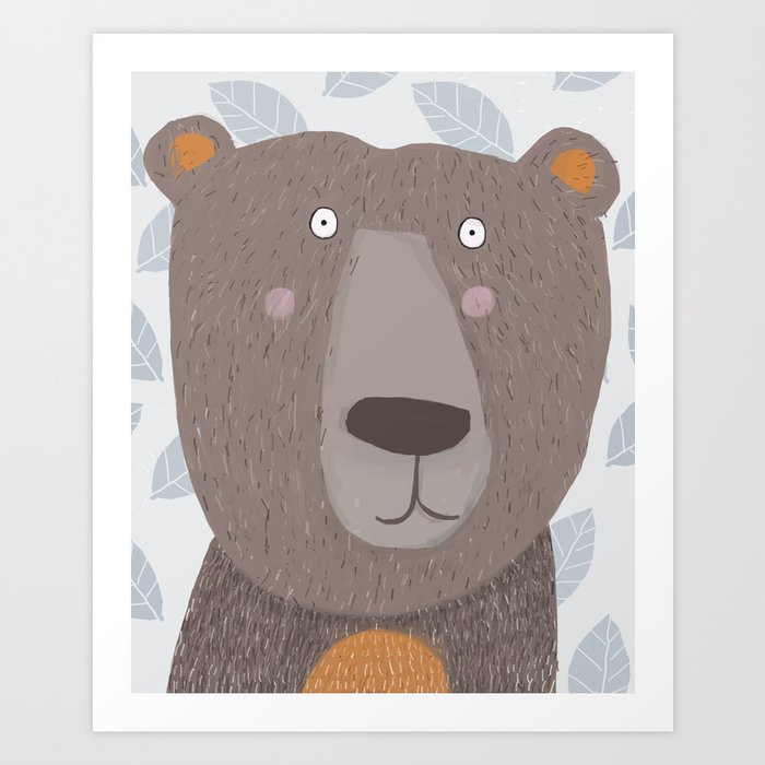 Big Brown Bear With Grey Leaf Background By Carla Daly Art Print