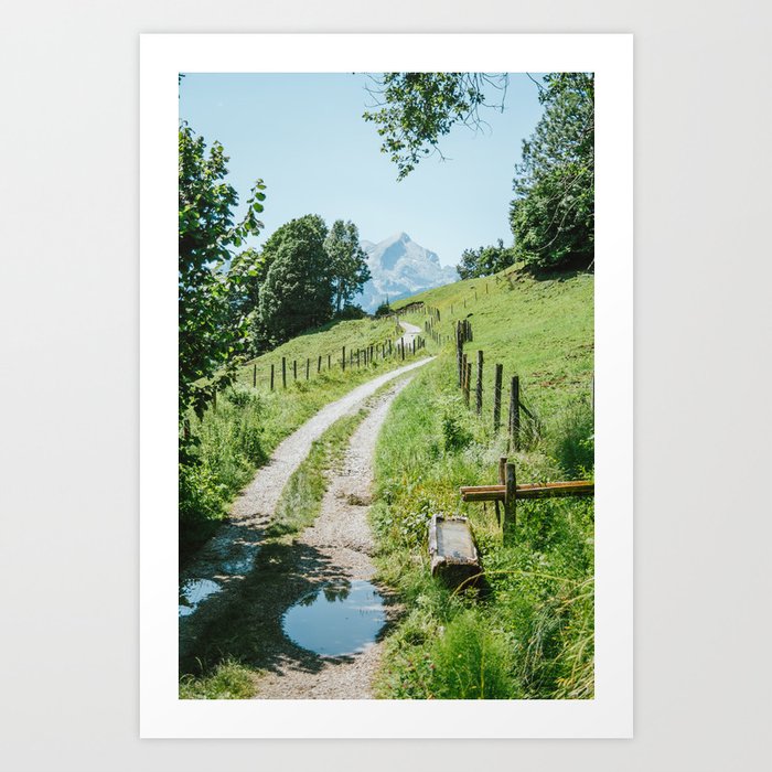 Water Trough in Rural Alps - Summer Mountains Landscape Photography - Pathway in Meadow Art Print
