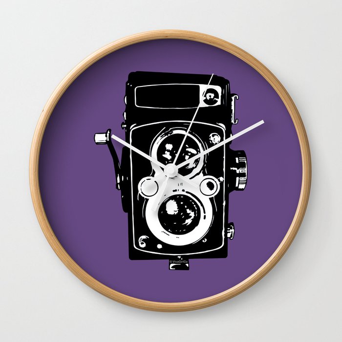 Big Vintage Camera Love - Black on Purple Background Wall Clock