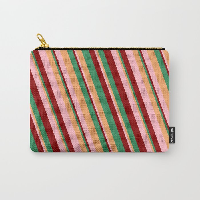 Brown, Light Pink, Dark Red, and Sea Green Colored Lines/Stripes Pattern Carry-All Pouch