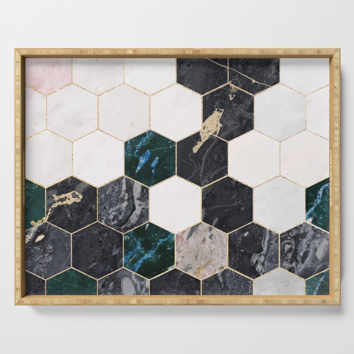 Hexagon Green Marble Honeycomb Mosaic Serving Tray