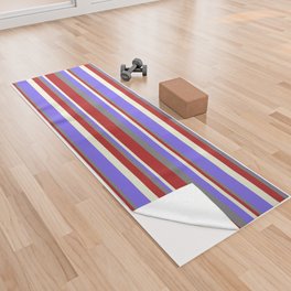 [ Thumbnail: Gray, Red, Beige & Medium Slate Blue Colored Stripes Pattern Yoga Towel ]