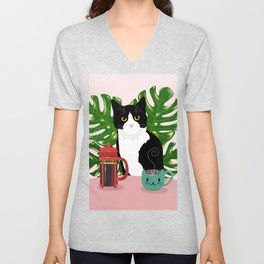 Tuxie Cat and Coffee V Neck T Shirt