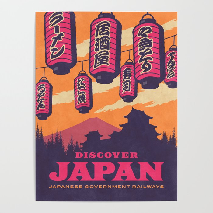 Japan Tourism Lanterns Castle Mt Fuji Retro Vintage - Orange Poster