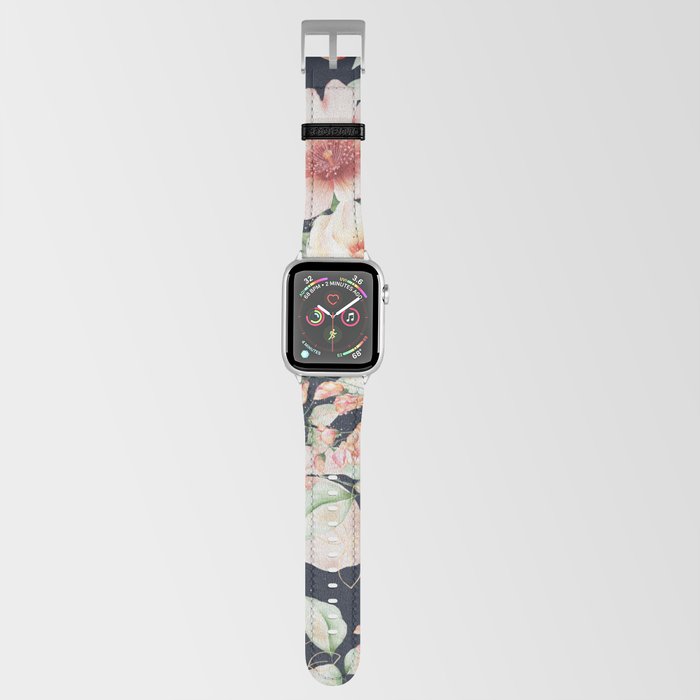 Peach Florals with Painted Speckles on Navy Blue Apple Watch Band
