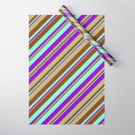 [ Thumbnail: Aquamarine, Dark Violet, Dark Khaki, and Brown Colored Stripes/Lines Pattern Wrapping Paper ]