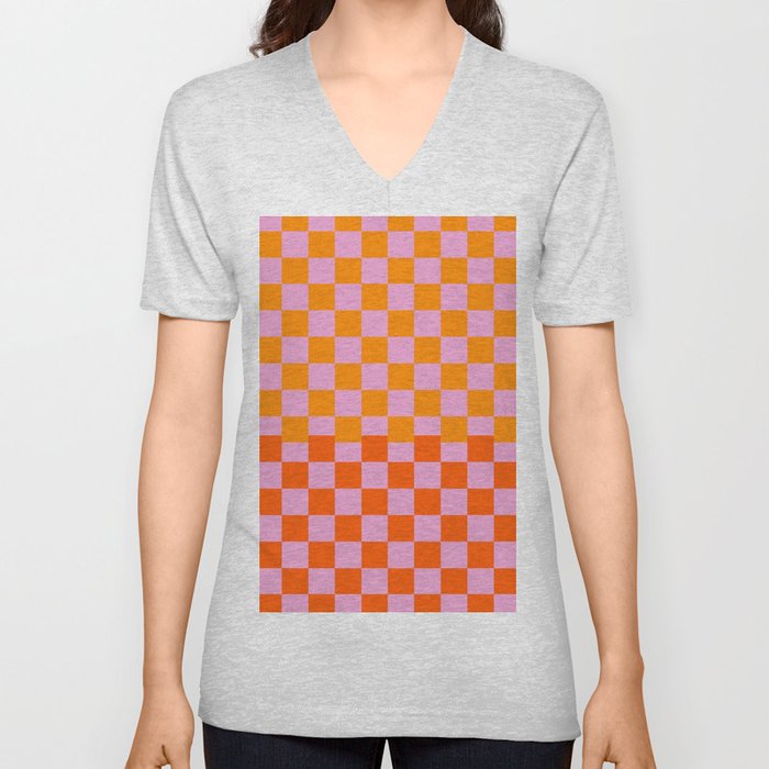 Checkered Pattern in Red, Orange and Dusty Pink V Neck T Shirt