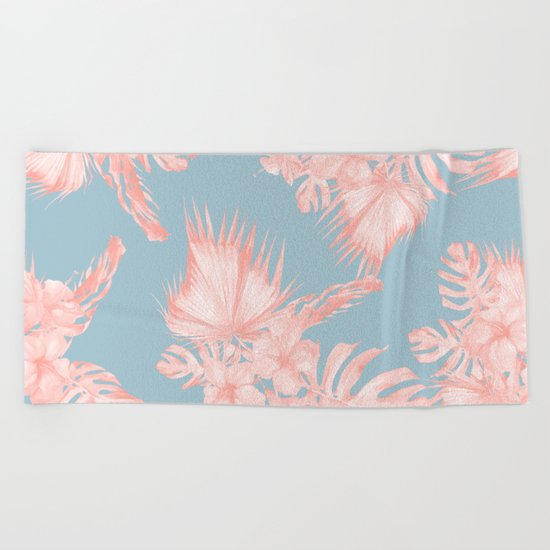 Tropical Palm Leaves Hibiscus Coral Blue Beach Towel