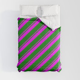[ Thumbnail: Fuchsia & Green Colored Striped Pattern Comforter ]