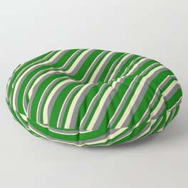 [ Thumbnail: Beige, Dim Gray & Dark Green Colored Lined Pattern Floor Pillow ]