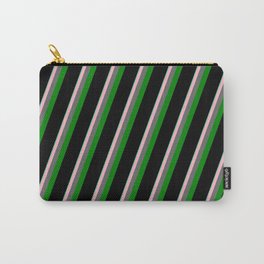 [ Thumbnail: Vibrant Aquamarine, Light Pink, Dim Gray, Green & Black Colored Lined/Striped Pattern Carry-All Pouch ]