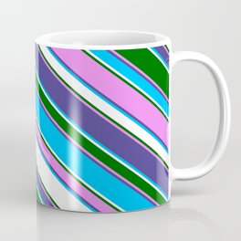 [ Thumbnail: Eyecatching Dark Slate Blue, Deep Sky Blue, White, Dark Green, and Violet Colored Pattern of Stripes Coffee Mug ]