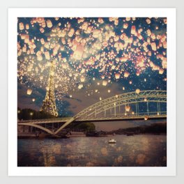 Love Wish Lanterns over Paris Art Print