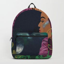One with lunar Backpack | Headscarf, Glittermakeup, Tribalheadwrap, Digital, Leaves, Nightsky, Clouds, Goldearrings, Largeearrings, Blackwomanart 