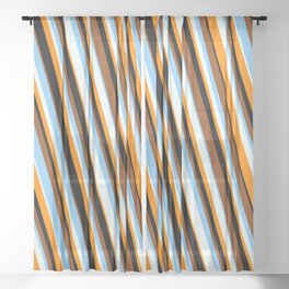 [ Thumbnail: Vibrant Brown, Light Sky Blue, Mint Cream, Dark Orange & Black Colored Stripes/Lines Pattern Sheer Curtain ]