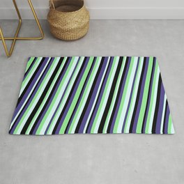[ Thumbnail: Dark Slate Blue, Light Green, Light Cyan & Black Colored Lines/Stripes Pattern Rug ]