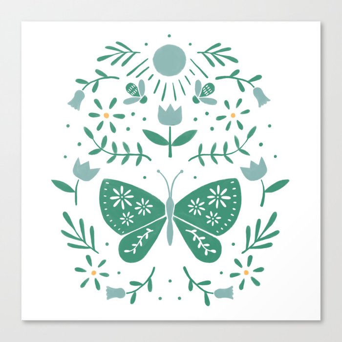 Folk Butterfly And Honey Bee | Green Canvas Print
