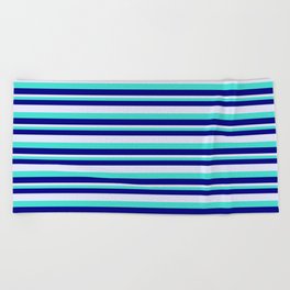 [ Thumbnail: Turquoise, Blue, and Lavender Colored Lined Pattern Beach Towel ]