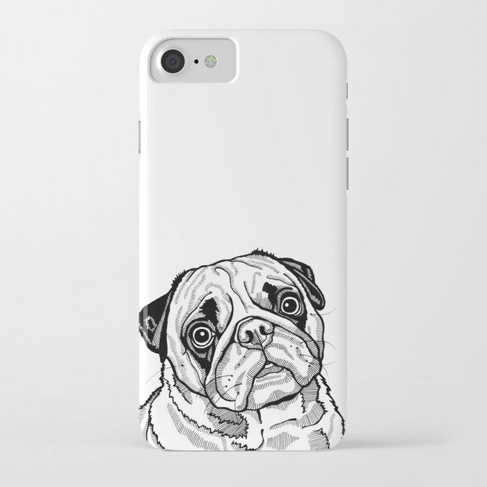 Cute Pug Dog Drawing, Black and White Line Drawing of a Pug Puppy iPhone Case
