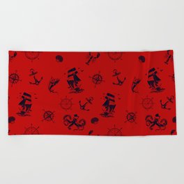 Red And Blue Silhouettes Of Vintage Nautical Pattern Beach Towel