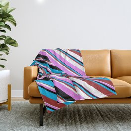 [ Thumbnail: Deep Sky Blue, Brown, White, Violet, and Black Colored Striped/Lined Pattern Throw Blanket ]