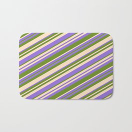 [ Thumbnail: Purple, Green, and Bisque Colored Lined Pattern Bath Mat ]