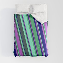 [ Thumbnail: Eyecatching Sea Green, Aquamarine, Dark Slate Gray, Orchid, and Blue Colored Lines Pattern Comforter ]