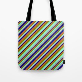 [ Thumbnail: Eyecatching Dark Grey, Blue, Chocolate, Green, and Aquamarine Colored Striped Pattern Tote Bag ]