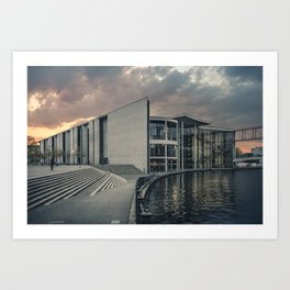 Paul-Löbe-Haus Art Print | River, City, Landscape, Sky, Photo, Goverment, Regierungsviertel, Goldenhour, Berlin, Spree 