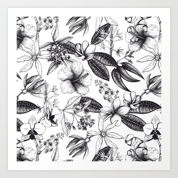 Black And White Vintage Tropical Flowers Pattern Art Print By