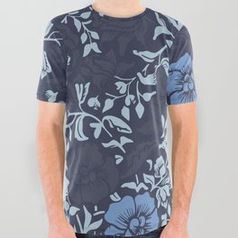 Arts and Crafts Inspired Floral Pattern Blue All Over Graphic Tee