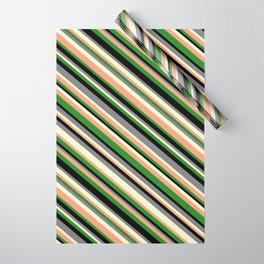 [ Thumbnail: Eye-catching Gray, Light Yellow, Light Salmon, Forest Green & Black Colored Striped Pattern Wrapping Paper ]