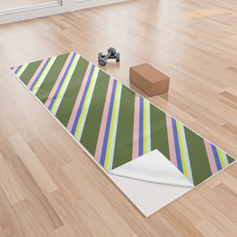 [ Thumbnail: Colorful Yellow, Royal Blue, Pink, Dark Olive Green, and Light Cyan Colored Lined/Striped Pattern Yoga Towel ]