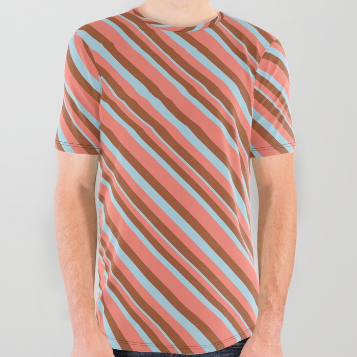 Salmon, Sienna & Light Blue Colored Striped/Lined Pattern All Over Graphic Tee