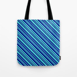 [ Thumbnail: Turquoise and Dark Blue Colored Lined/Striped Pattern Tote Bag ]